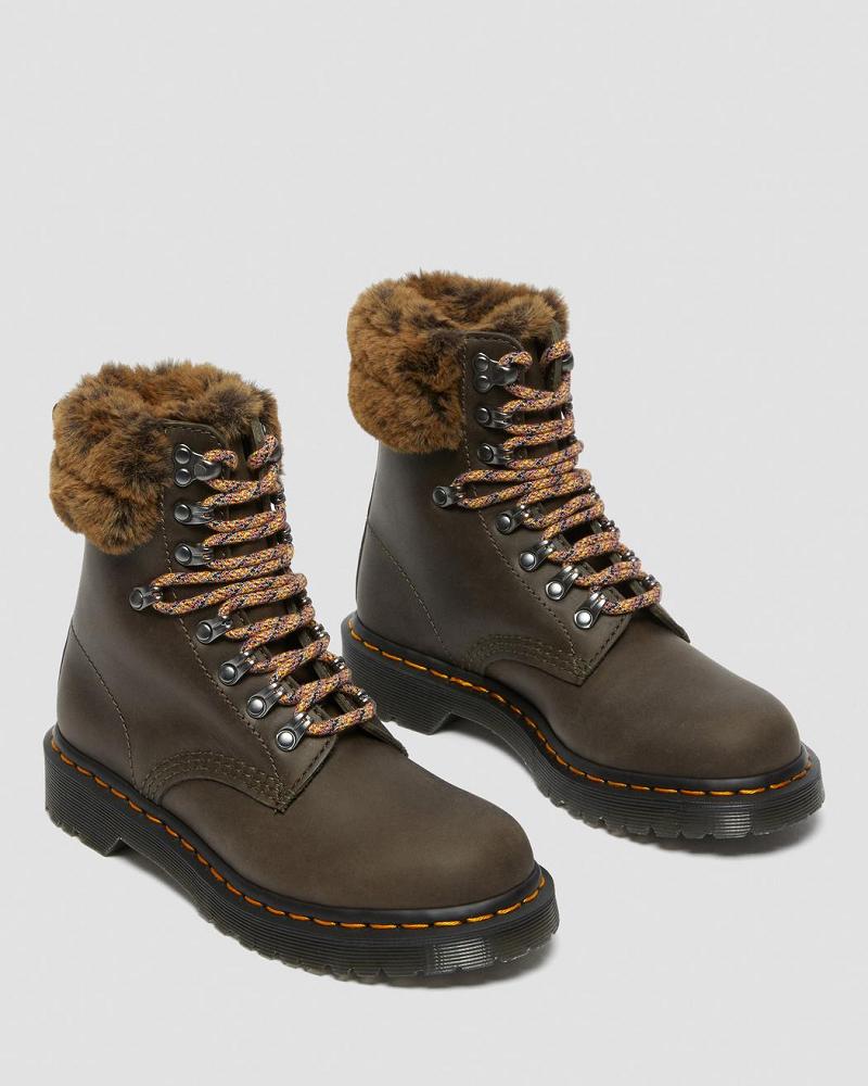 Dr Martens 1460 Serena Collar Faux Fur Gevoerde Veterlaarzen Dames Grijs | NL 579YXF